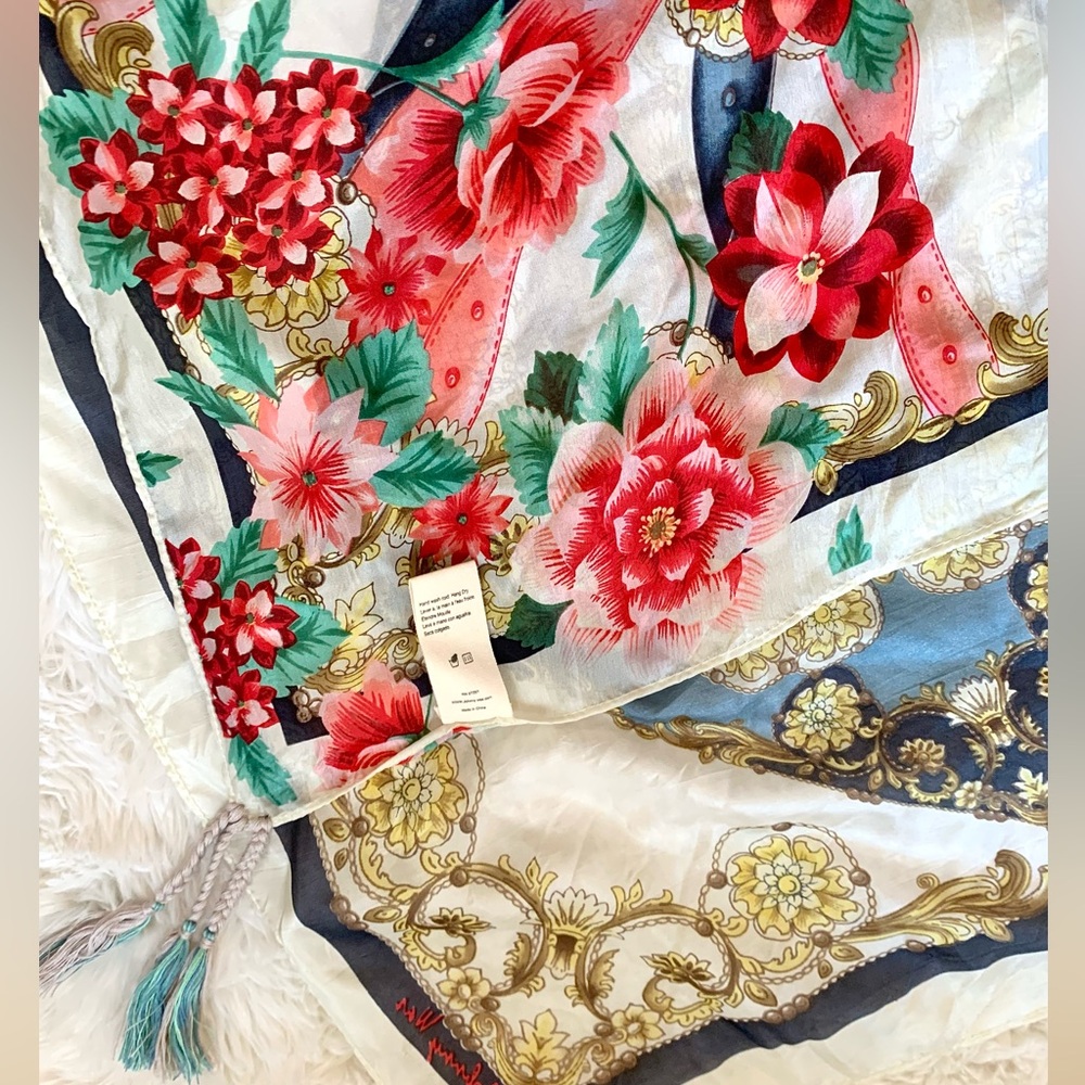 Johnny Was Silk Floral Print Oversized Scarf with Tassels